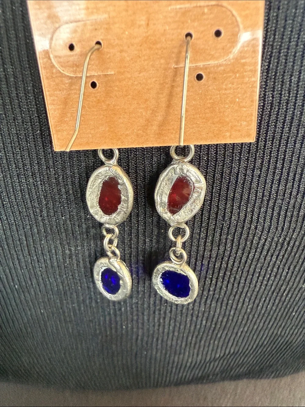 Vintage silver plated Red and Blue Glass Drop Earrings handcrafted.